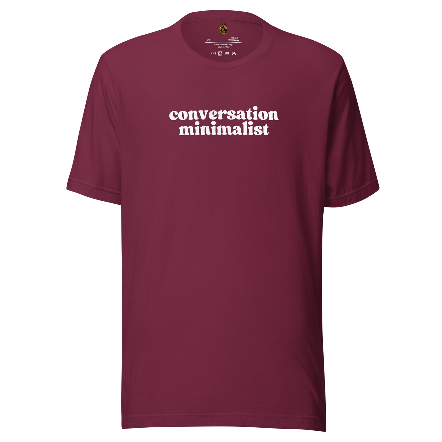 Maroon unisex t-shirt with 'conversation minimalist' text – Boozie Adams
