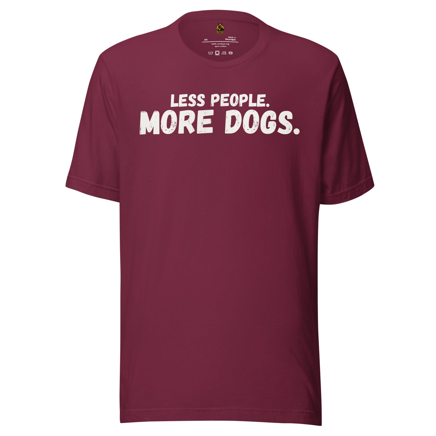 Maroon unisex t-shirt with text 'LESS PEOPLE. MORE DOGS.' – Boozie Adams
