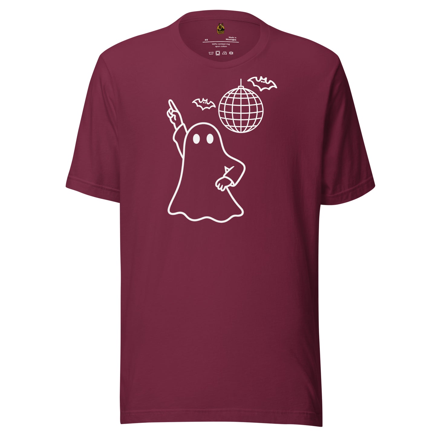 Maroon unisex t-shirt with image of disco ghost, bats and disco ball – Boozie Adams