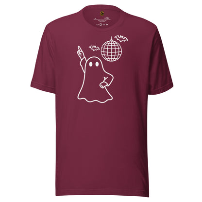 Maroon unisex t-shirt with image of disco ghost, bats and disco ball – Boozie Adams