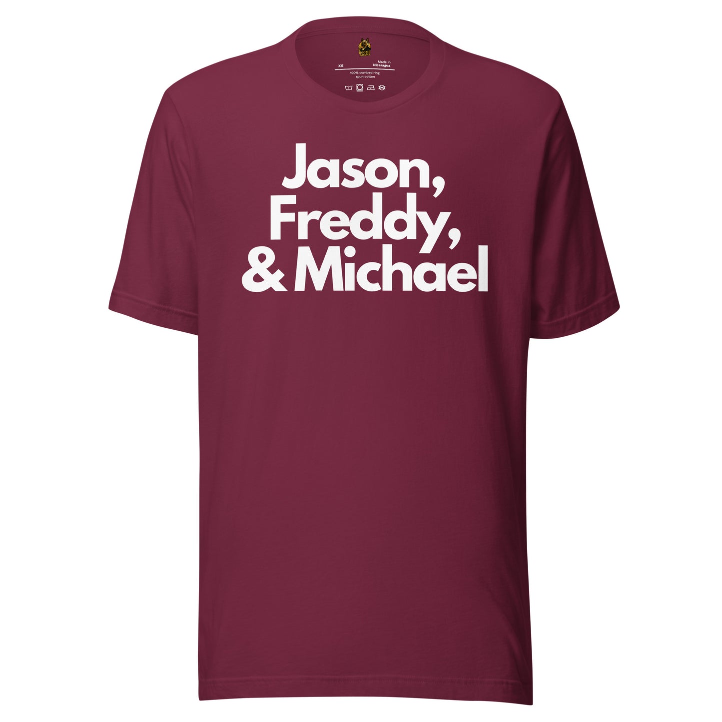 Maroon unisex t-shirt with white text 'Jason, Freddy, & Michael'  – Boozie Adams