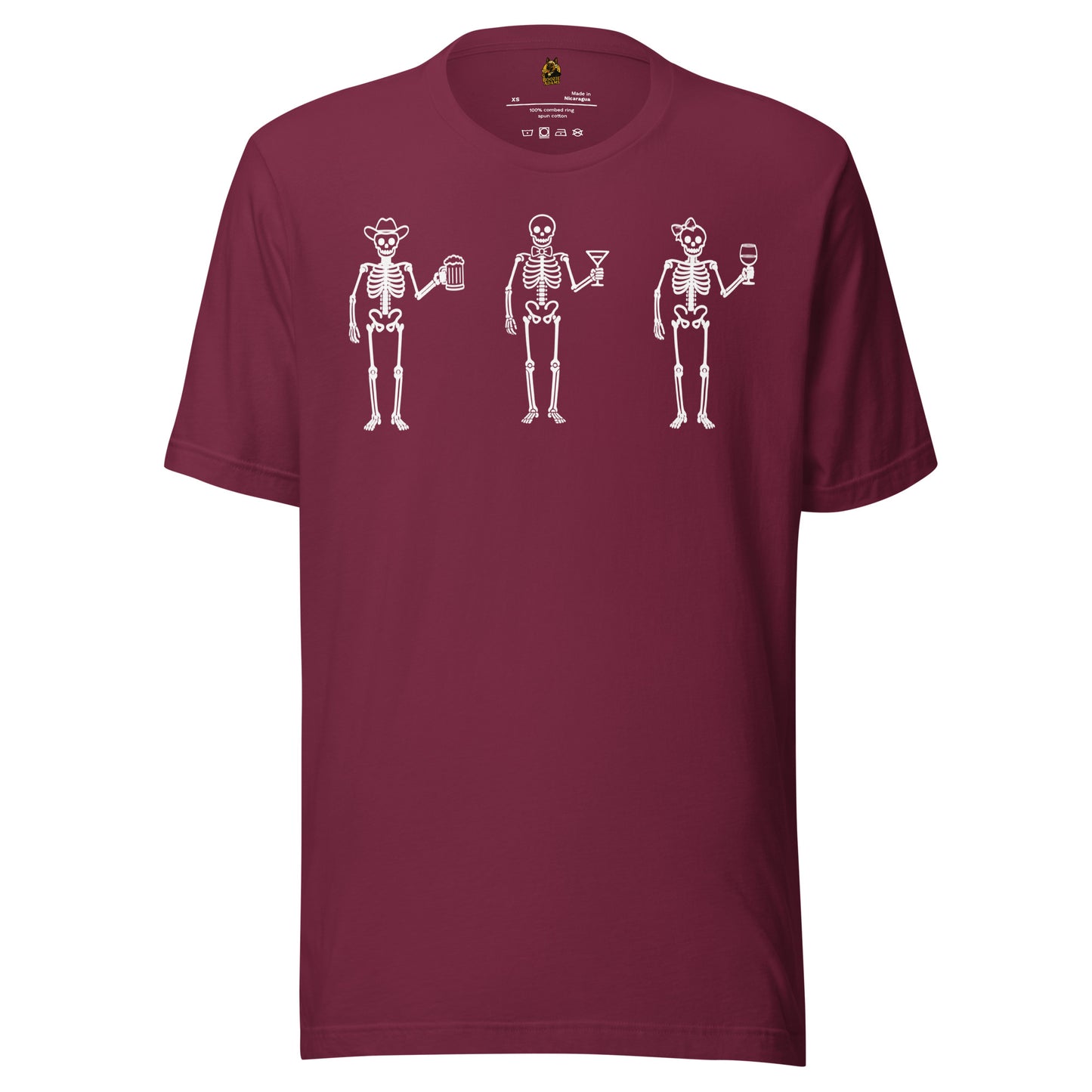 Maroon unisex t-shirt with graphic of three skeletons each holding a wine, beer, and martini glass – Boozie Adams