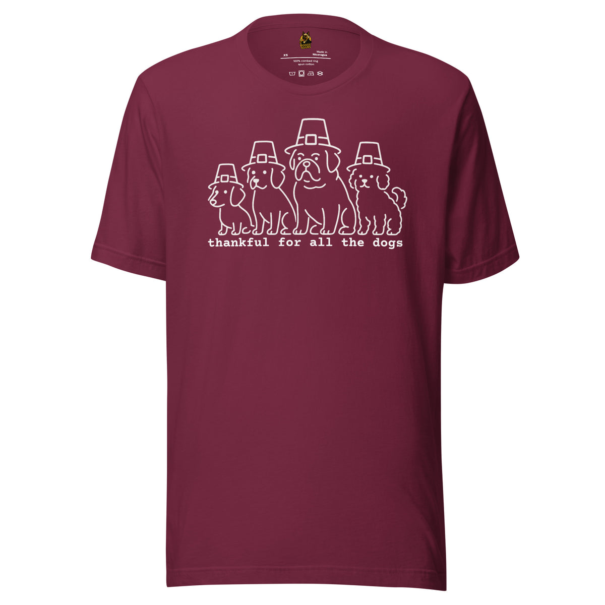 Maroon unisex graphic t-shirt with graphic of dogs in pilgrim hats and text 'thankful for all the dogs' – Boozie Adams