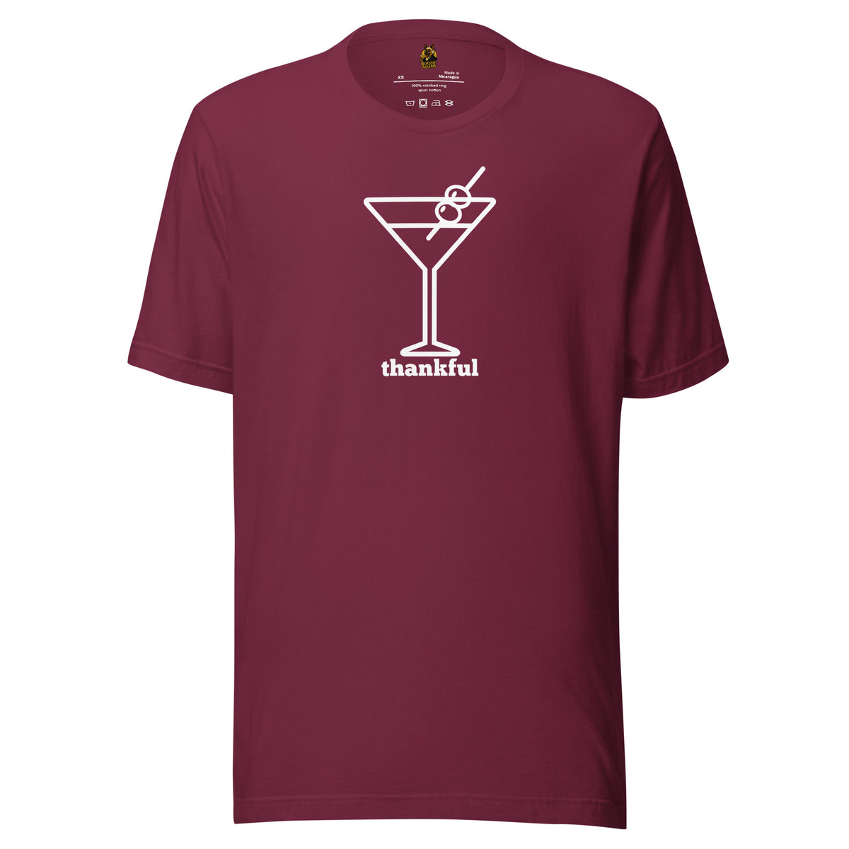 Maroon unisex t-shirt with a cocktail graphic and 'thankful' text in white – Boozie Adams