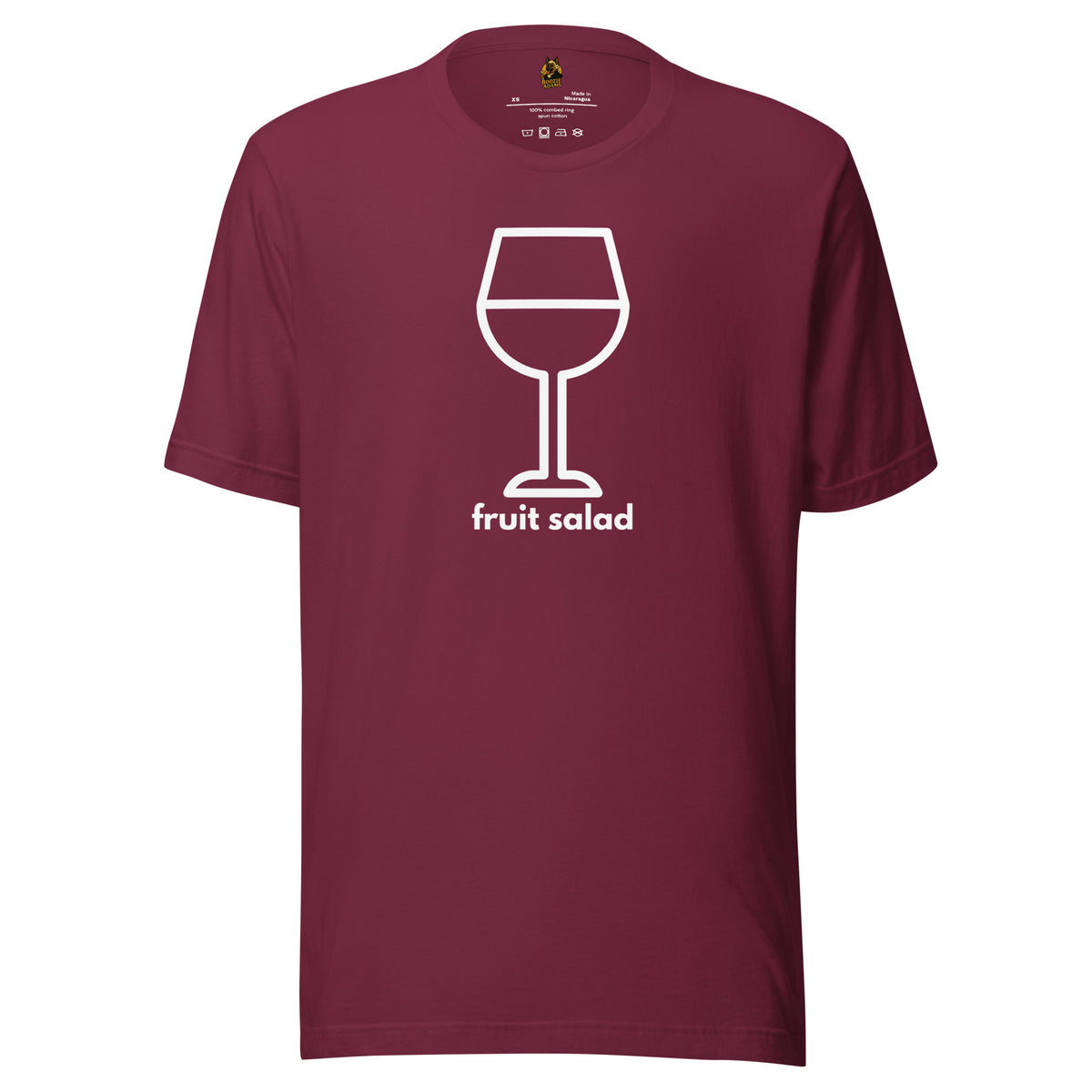 Maroon unisex t-shirt with a white wine glass graphic and 'fruit salad' text – Boozie Adams
