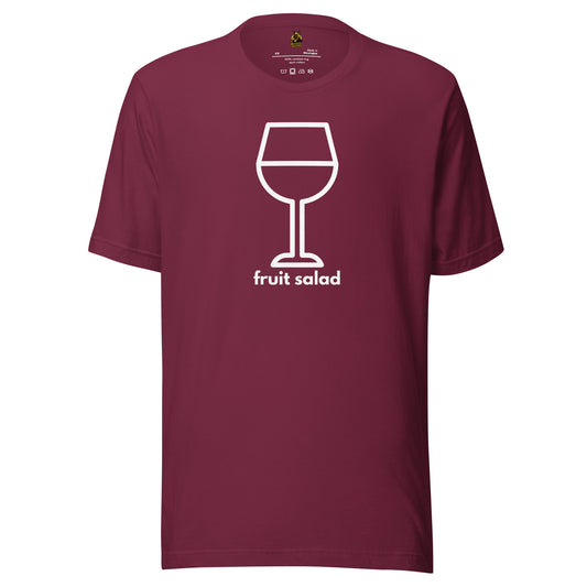 Maroon unisex t-shirt with a white wine glass graphic and 'fruit salad' text – Boozie Adams