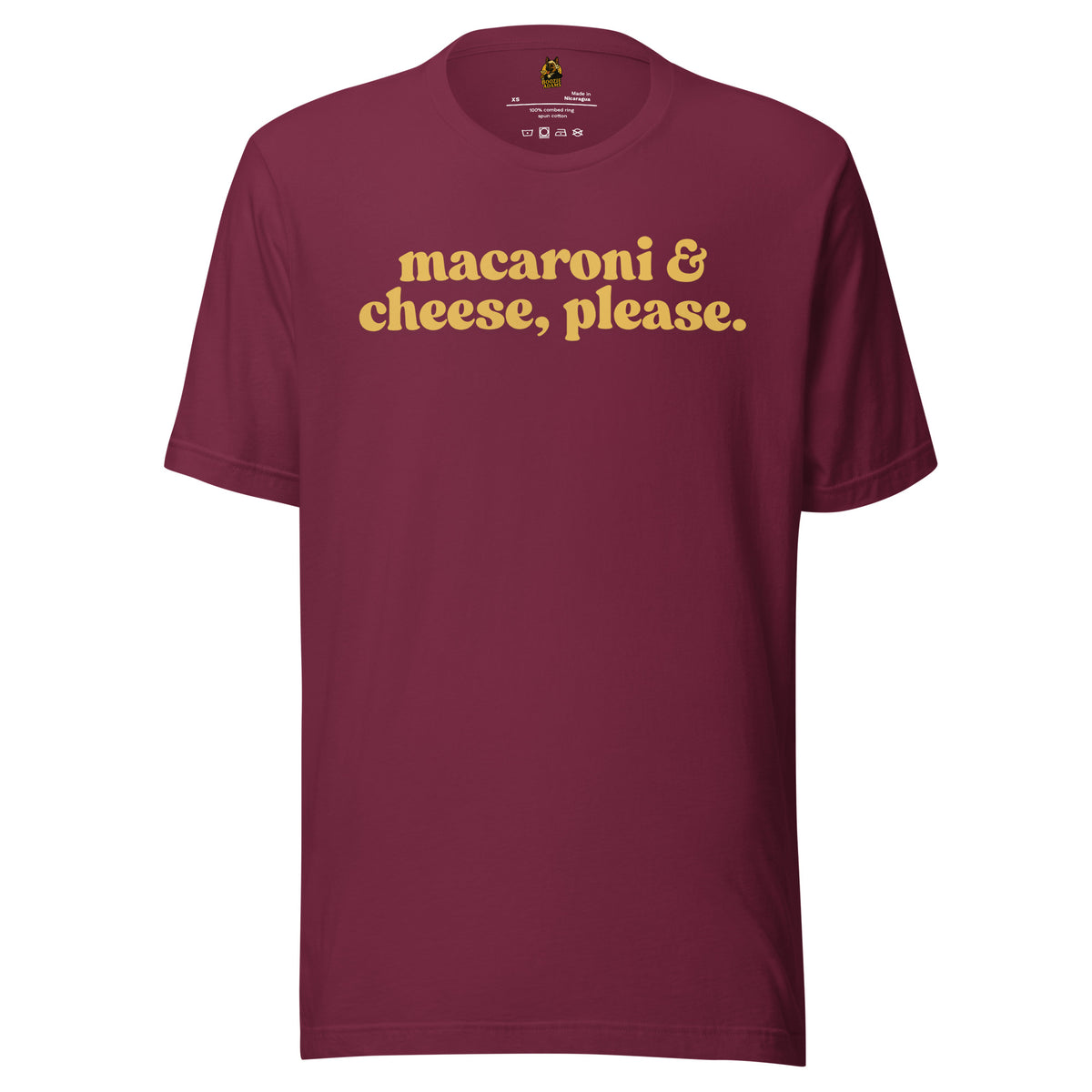 Maroon unisex t-shirt with 'macaroni & cheese, please.' text in yellow – Boozie Adams