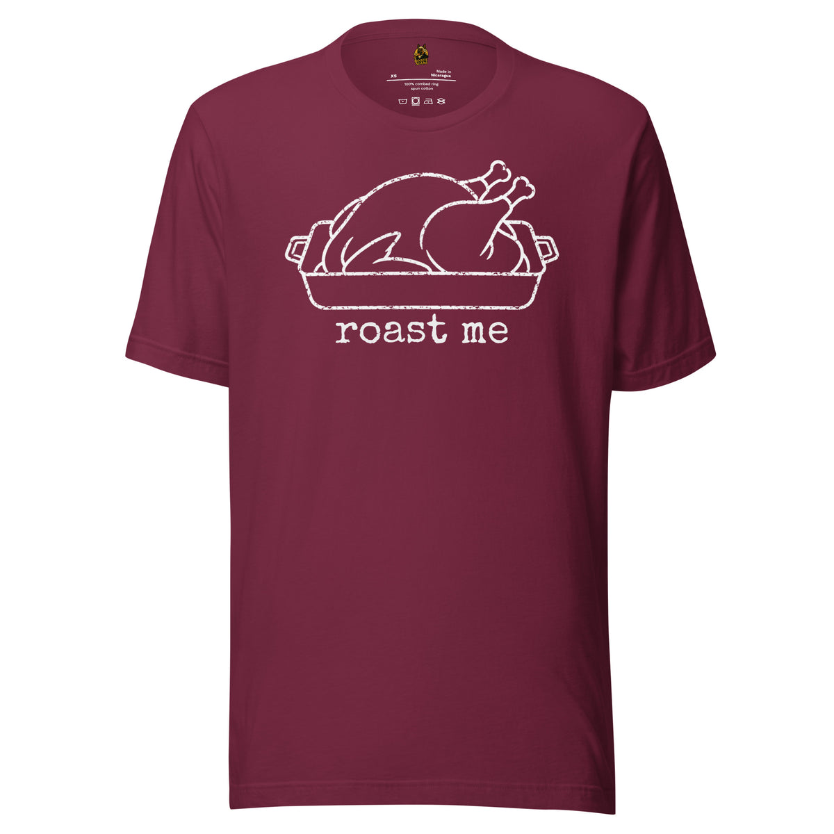 Maroon t-shirt with graphic of turkey in roasting pan and 'roast me' text – Boozie Adams