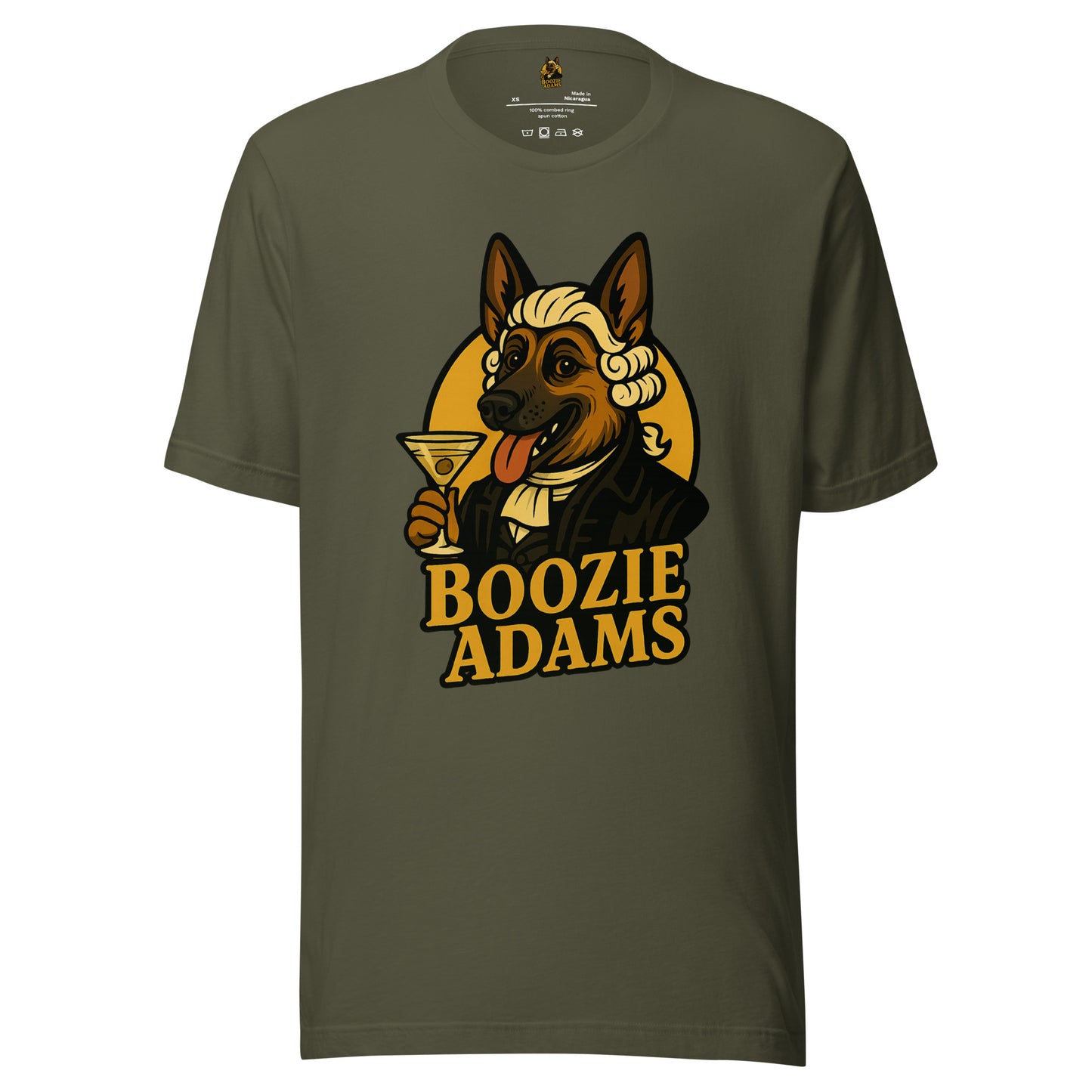 Green unisex t-shirt with a graphic of a dog holding a martini glass and the text 'Boozie Adams' – Boozie Adams