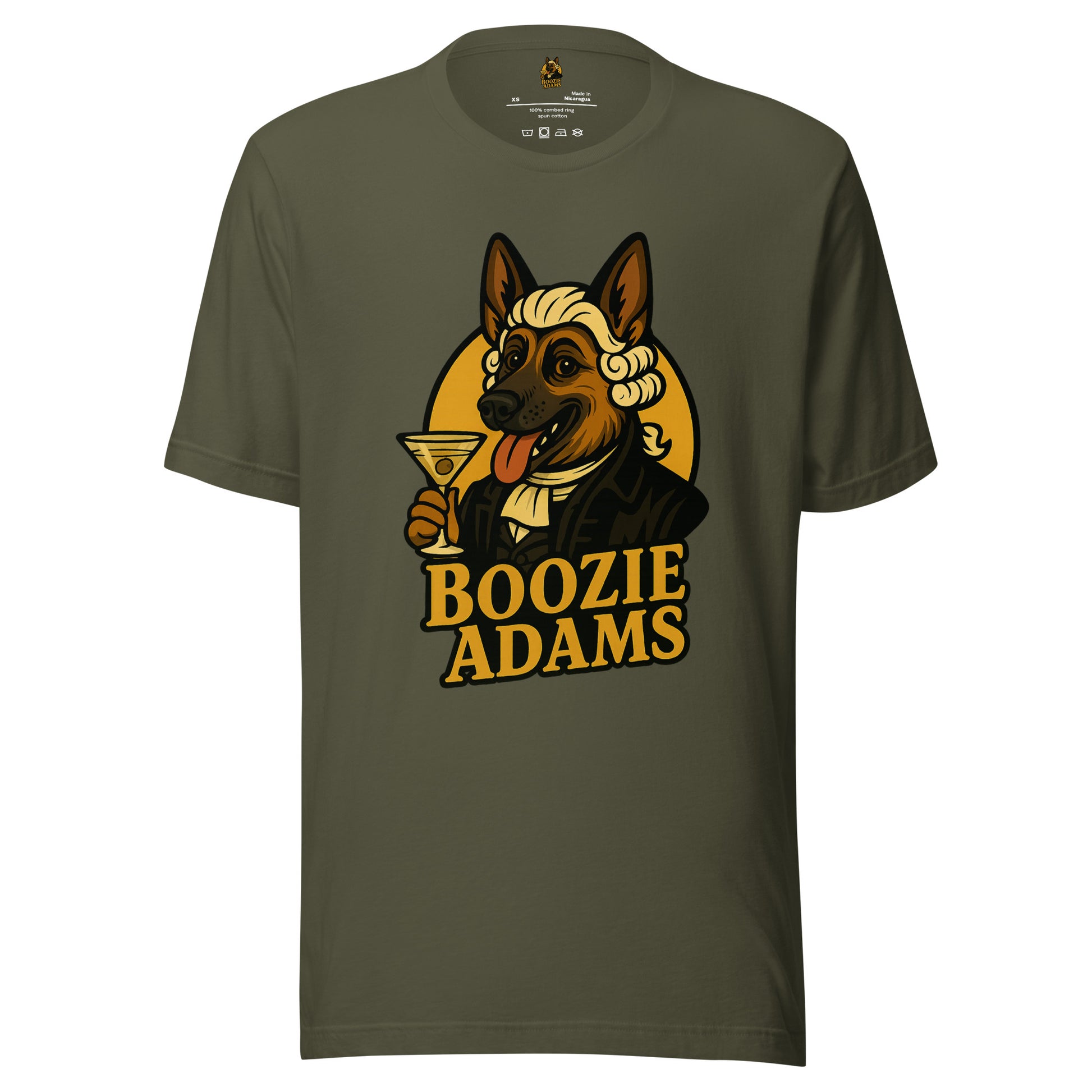 Green unisex t-shirt with a graphic of a dog holding a martini glass and the text 'Boozie Adams' – Boozie Adams
