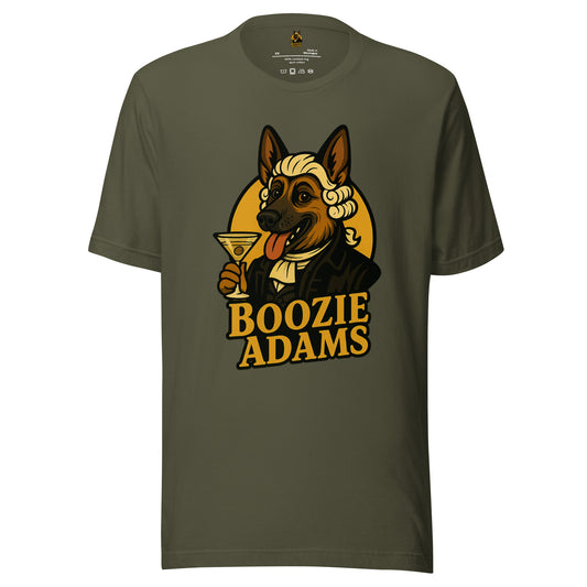 Green unisex t-shirt with a graphic of a dog holding a martini glass and the text 'Boozie Adams' – Boozie Adams