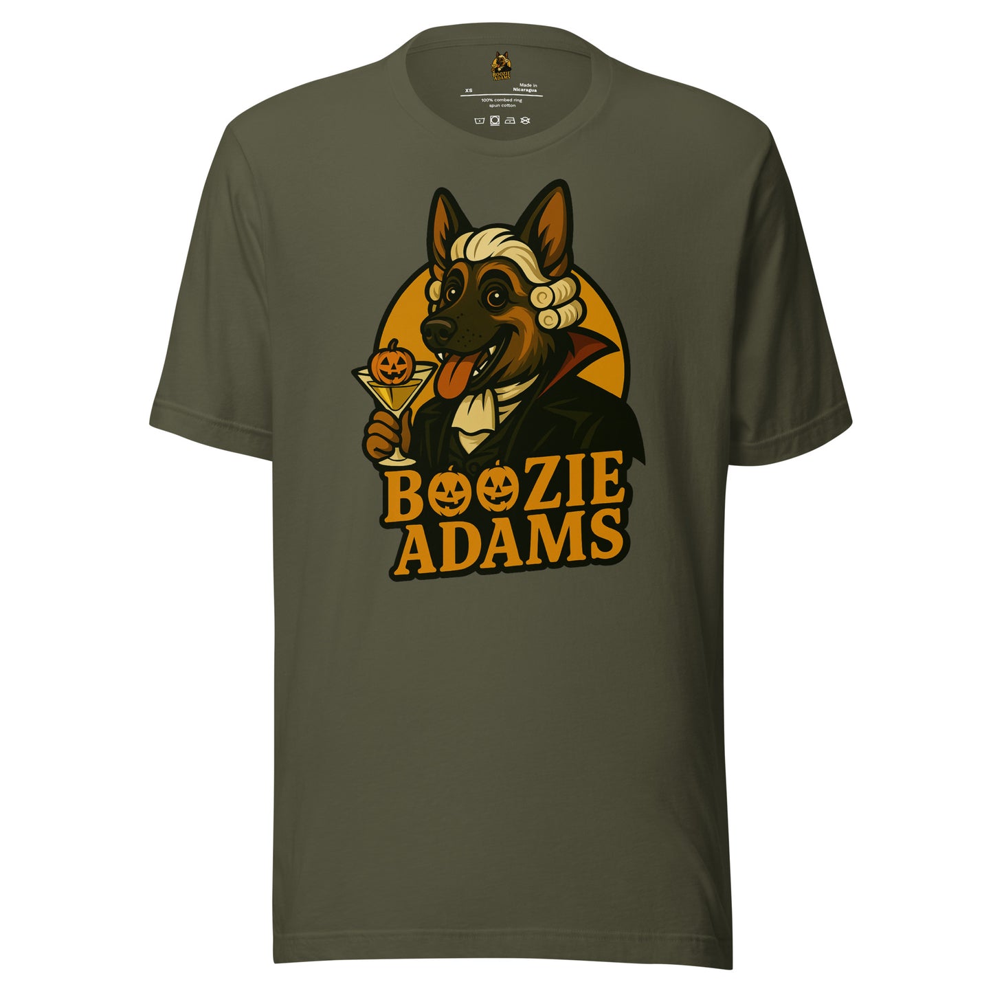 Green unisex t-shirt with a graphic of Boozie Adams – a dog holding a martini with a pumpkin and the text 'Boozie Adams' – Boozie Adams