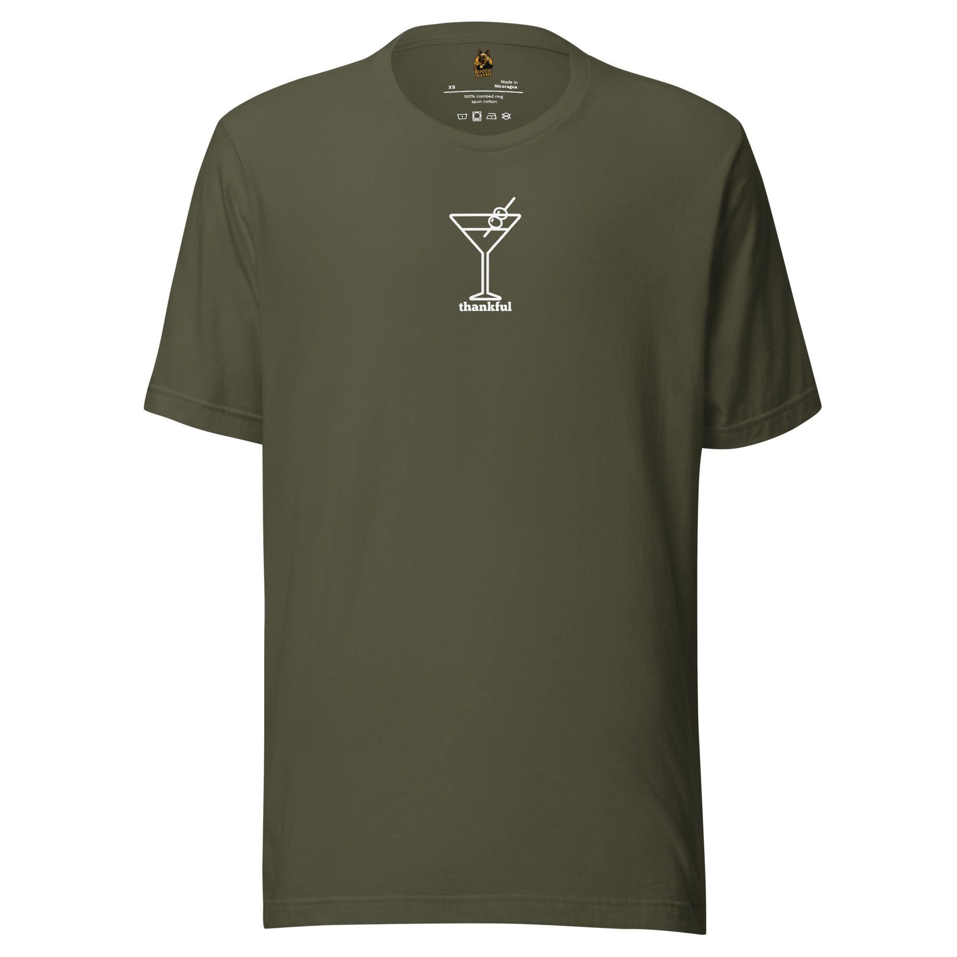 Green unisex t-shirt with a cocktail graphic and 'thankful' text in white – Boozie Adams