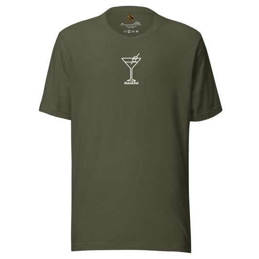 Green unisex t-shirt with a cocktail graphic and 'thankful' text in white – Boozie Adams