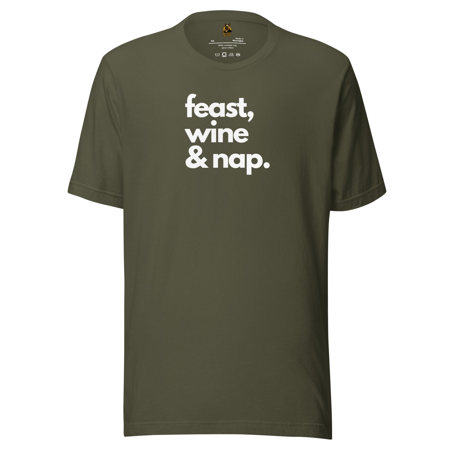 Green unisex t-shirt with 'feast, wine & nap.' white text – Boozie Adams