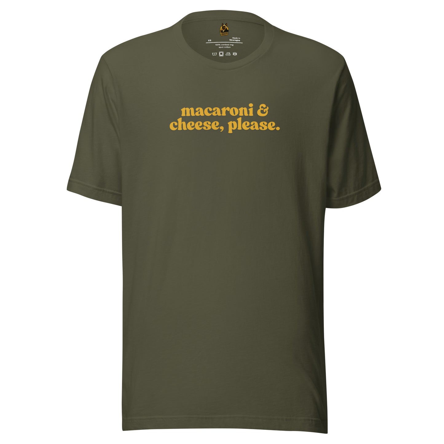 Green unisex t-shirt with 'macaroni & cheese, please.' text in yellow – Boozie Adams