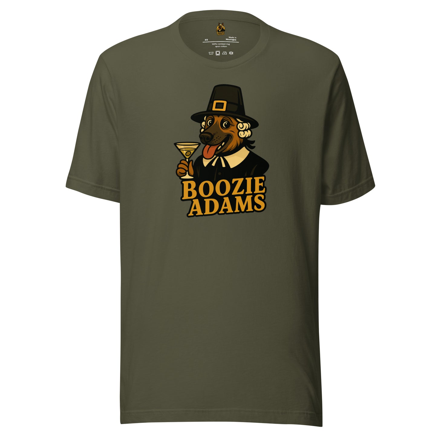 Olive unisex t-shirt with a graphic of a dog in a pilgrim outfit holding a martini glass and the text 'Boozie Adams' – Boozie Adams