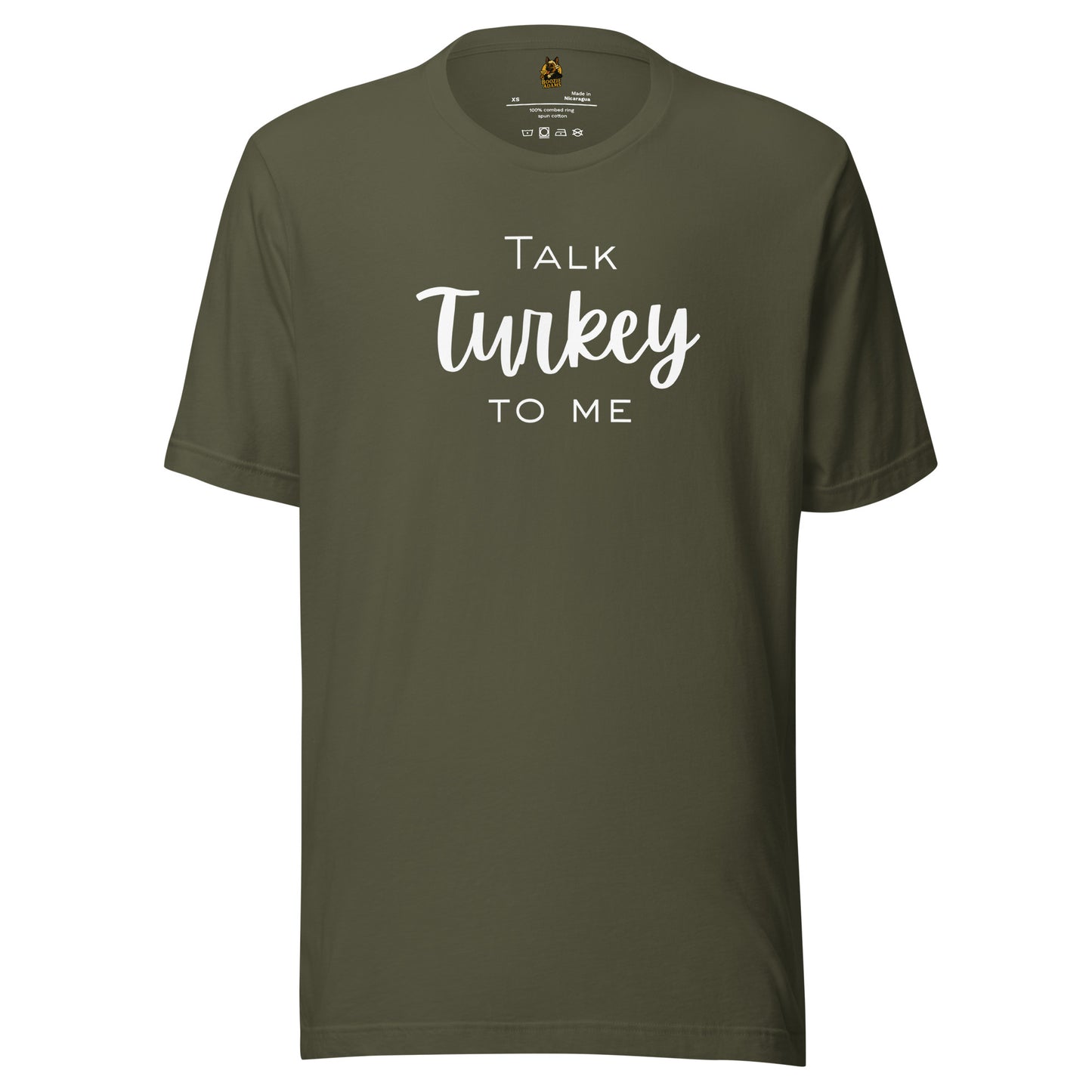 Olive unisex t-shirt with 'Talk Turkey To Me' white text – Boozie Adams