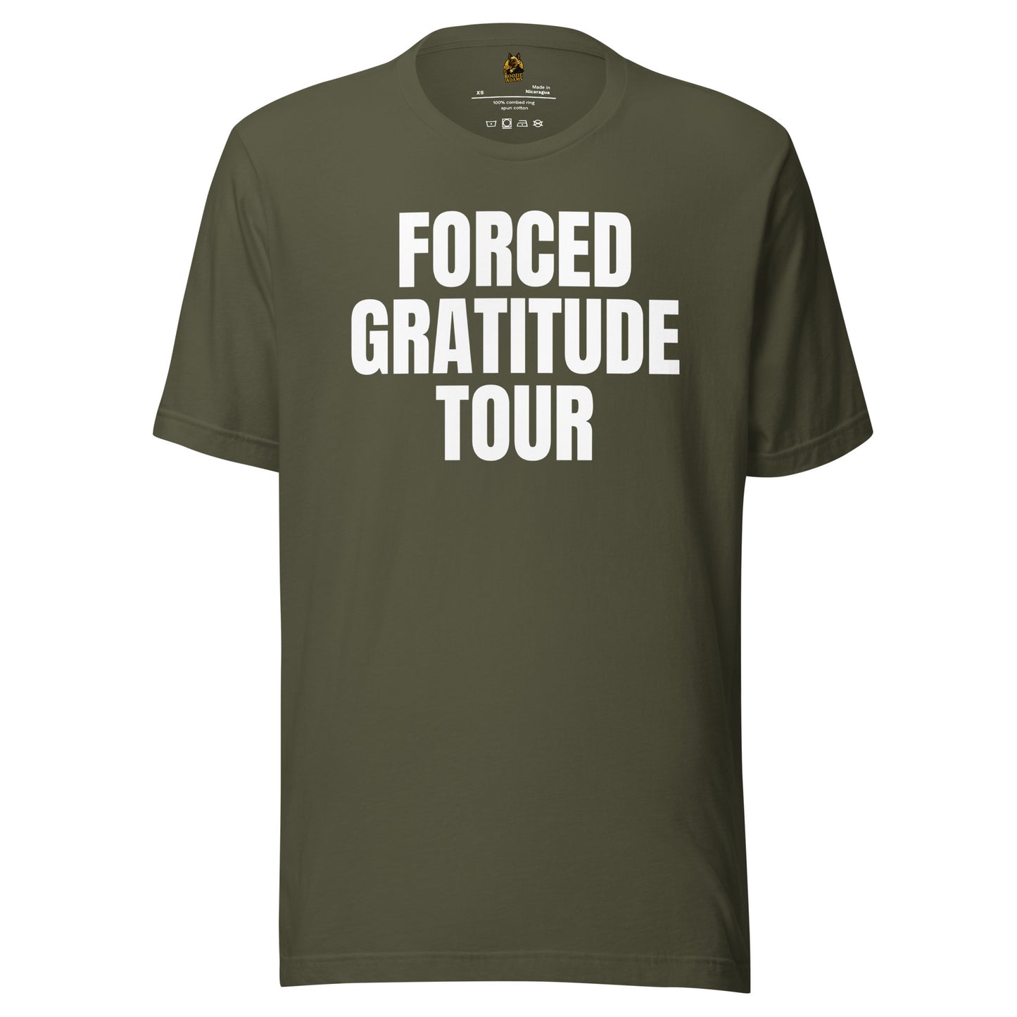 Olive unisex t-shirt with 'FORCED GRATITUDE TOUR' white text – Boozie Adams