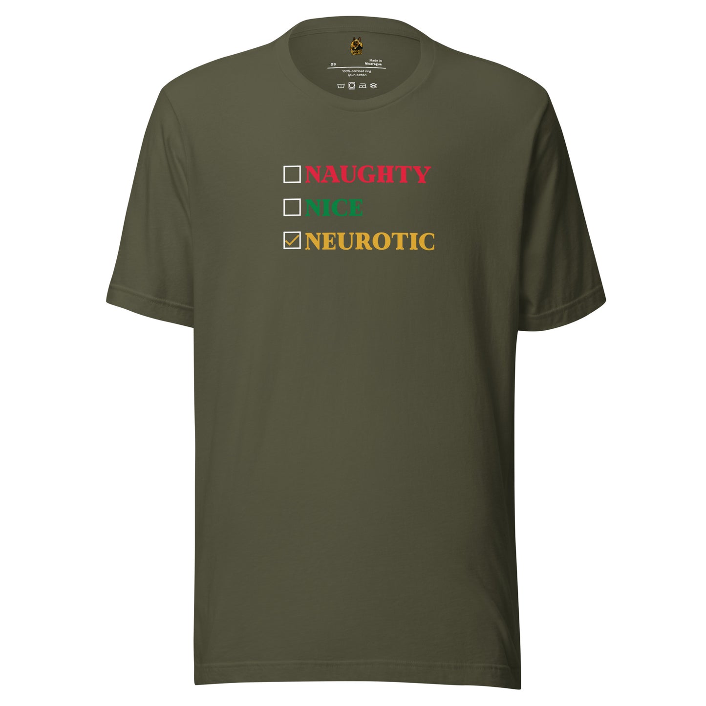 Green unisex t-shirt with colorful text and checkboxes 'naughty, nice, neurotic' – Boozie Adams