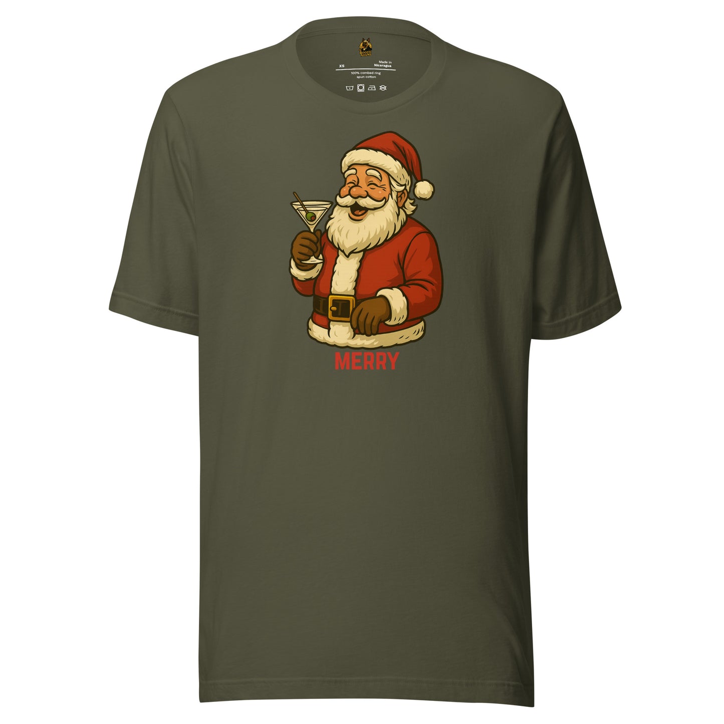 Military green unisex t-shirt with a graphic of Santa Claus holding a martini glass and the word 'MERRY' – Boozie Adams