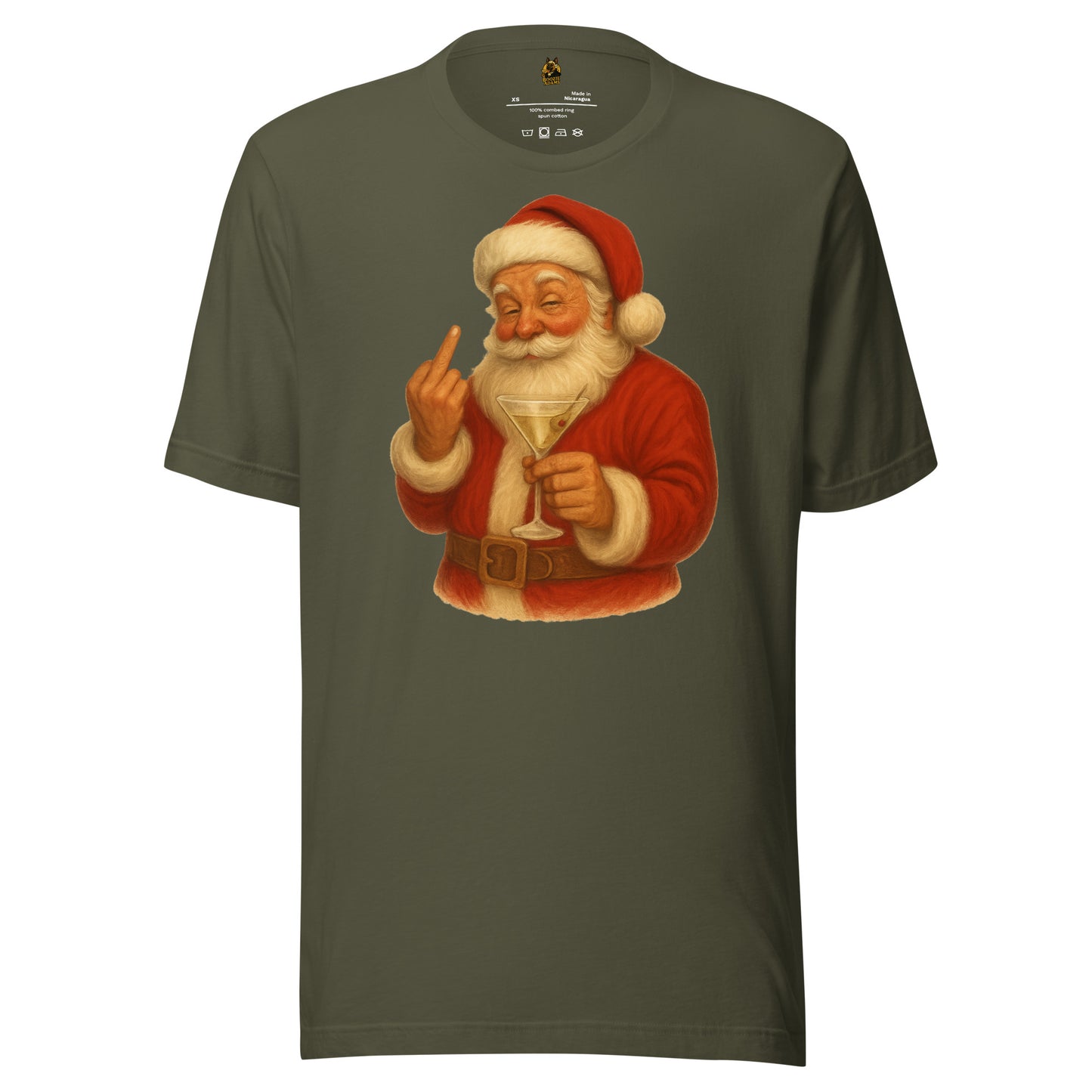 Military green t-shirt with a graphic of a Santa Claus holding a martini glass and flipping the bird – Boozie Adams