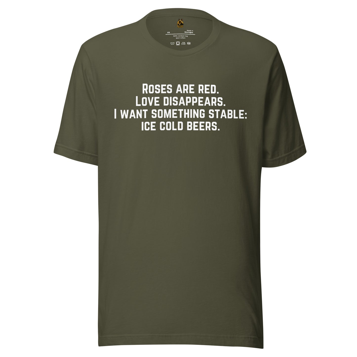 Green unisex t-shirt with white Roses are Red text –  Boozie Adams