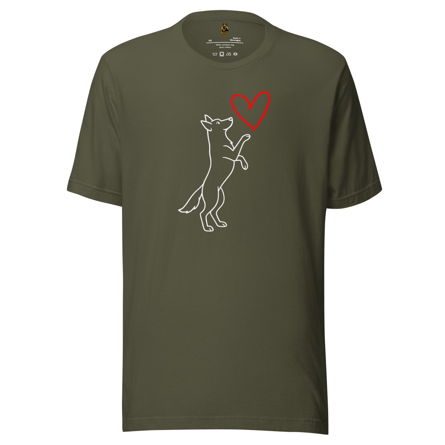 Green unisex tshirt with graphic of white dog reaching up to red heart – Boozie Adams