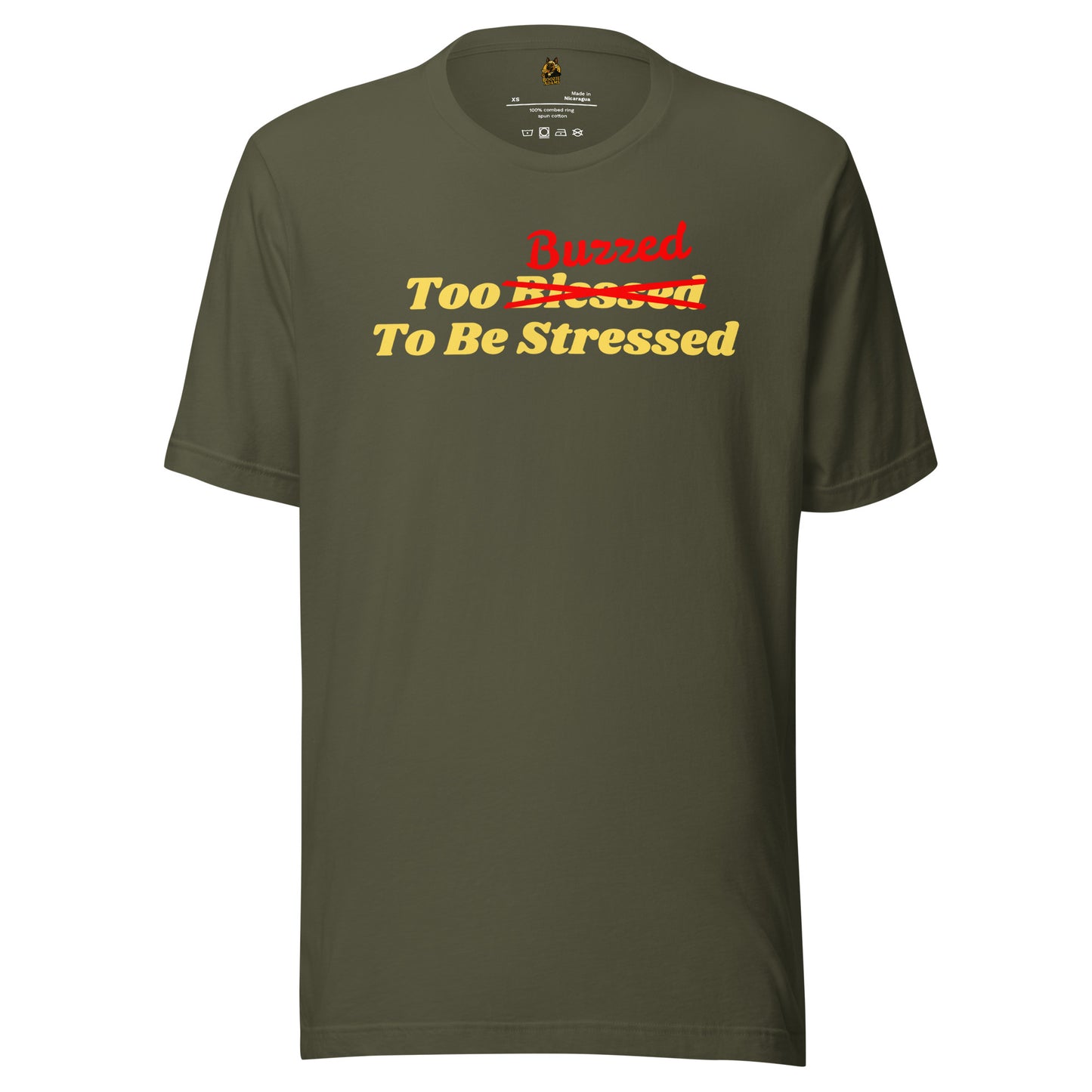 Green unisex t-shirt with 'too buzzed to be stressed' text – Boozie Adams