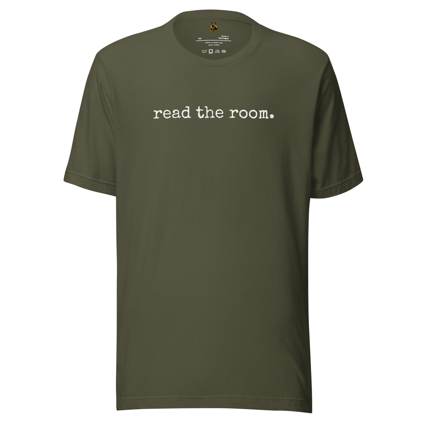 Military green unisex t-shirt with 'read the room' text – Boozie Adams