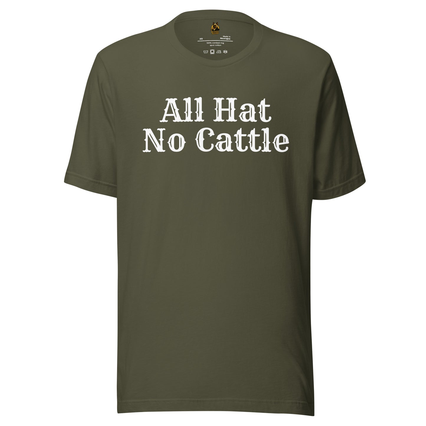 Miliatary green unisex t-shirt with 'All Hat No Cattle' text – Boozie Adams