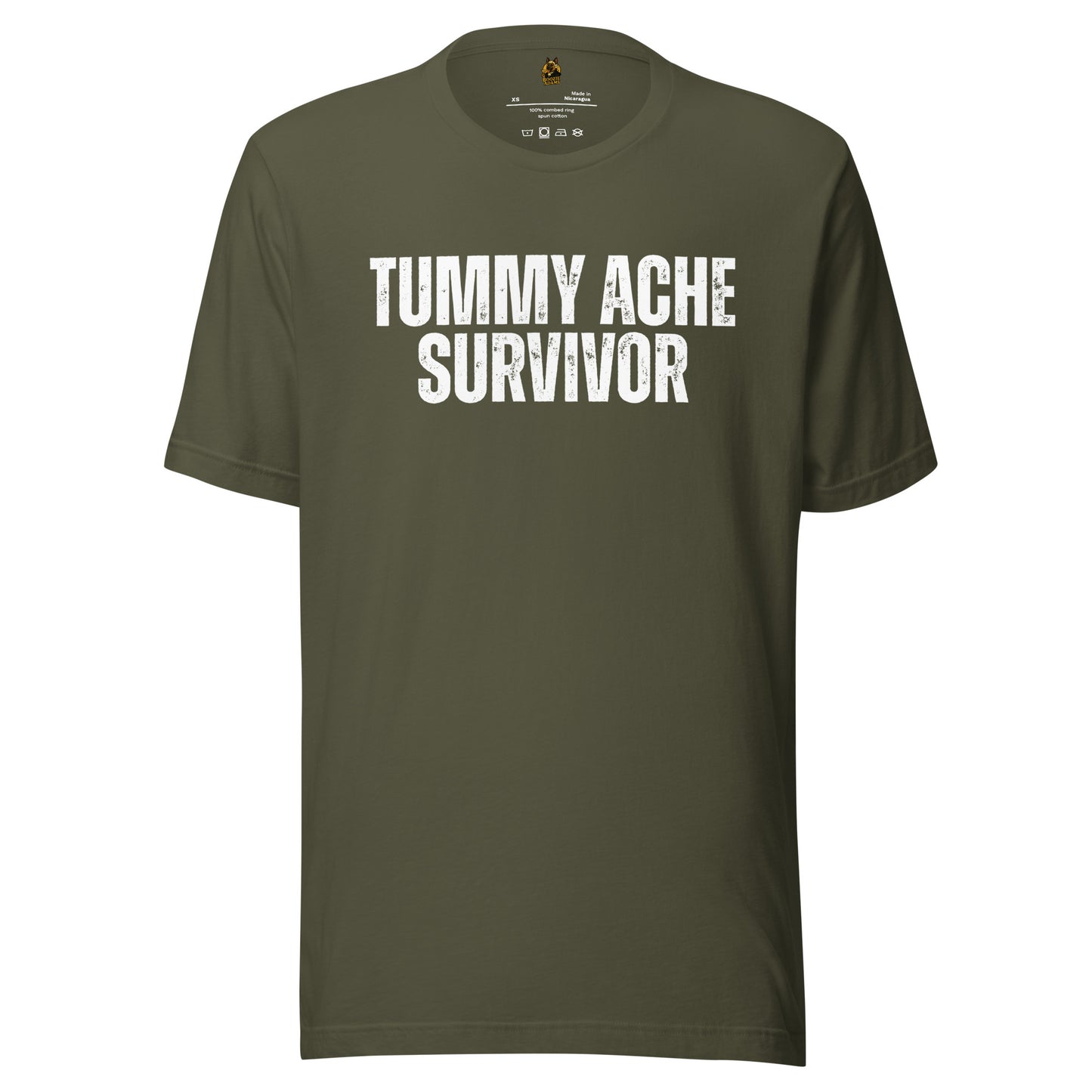 Military green unisex t-shirt with 'TUMMY ACHE SURVIVOR' text – Boozie Adams