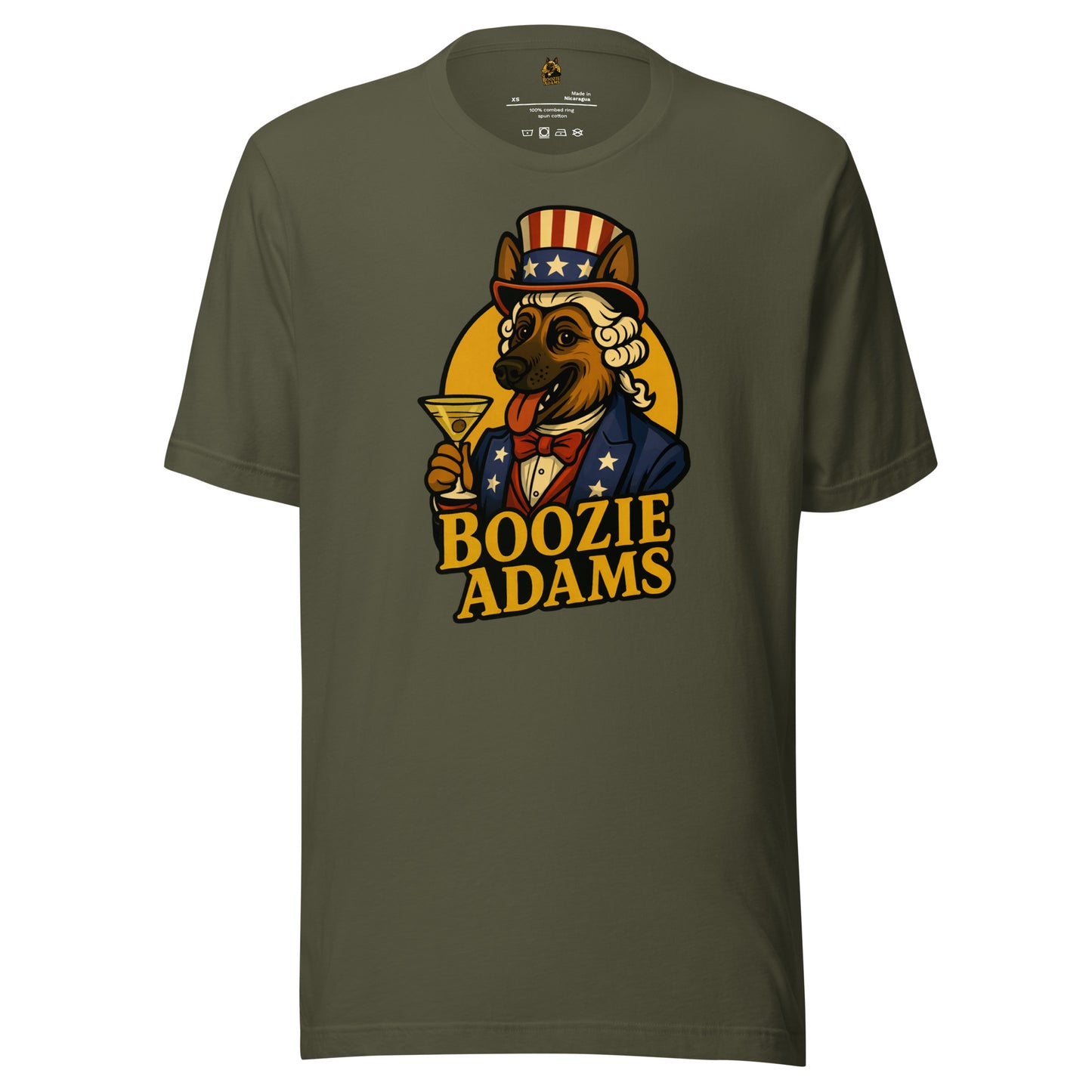 Military green unisex t-shirt with patriotic 'Boozie Adams' graphic design logo – Boozie Adams