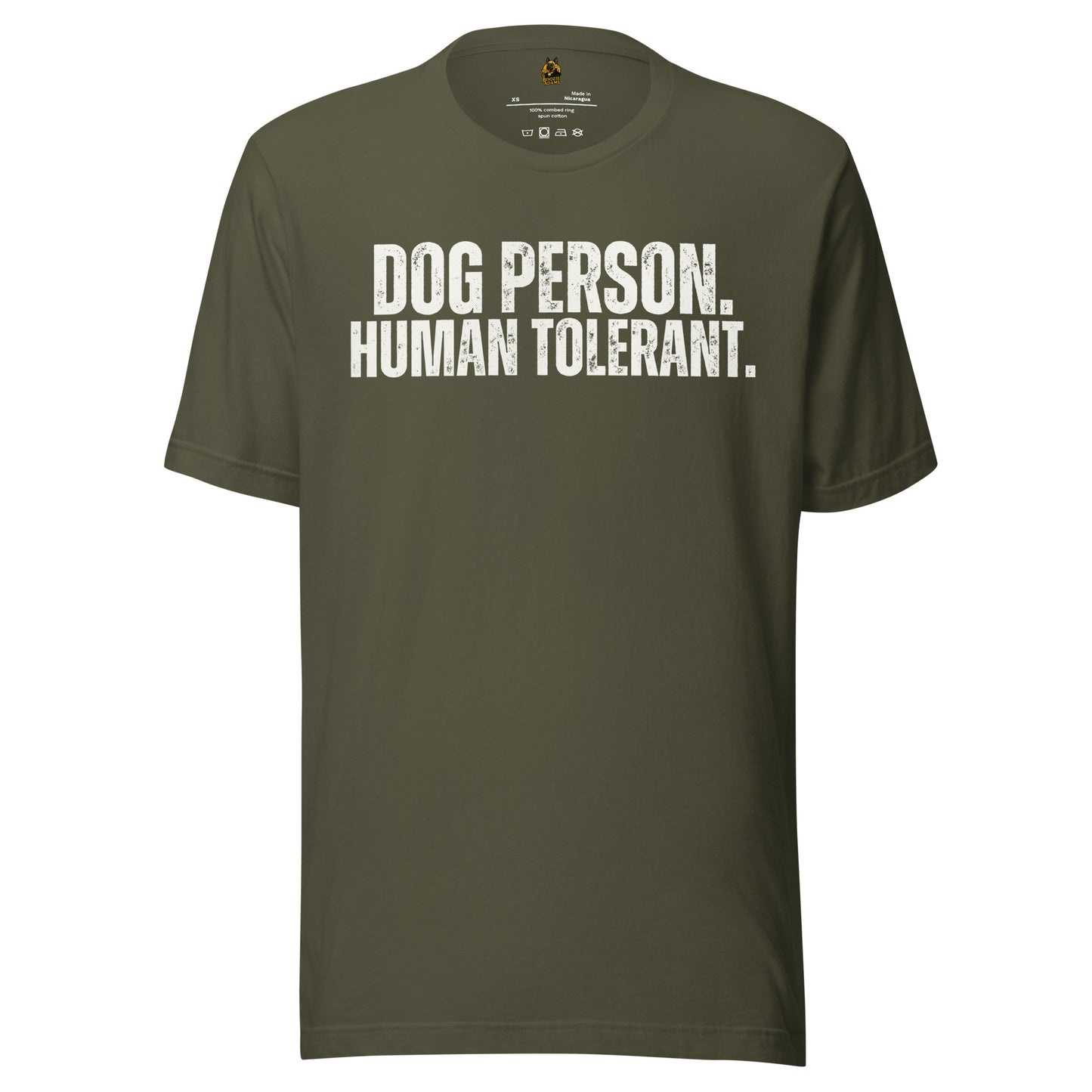 Green unisex t-shirt with 'Dog Person. Human Tolerant.' text – Boozie Adams