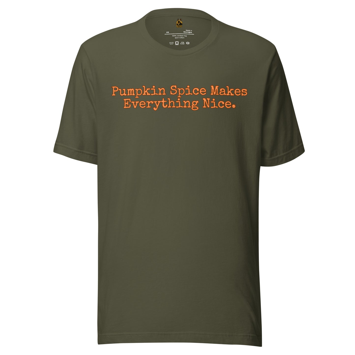 Military green unisex t-shirt with 'Pumpkin Spice Makes Everything Nice' text – Boozie Adams