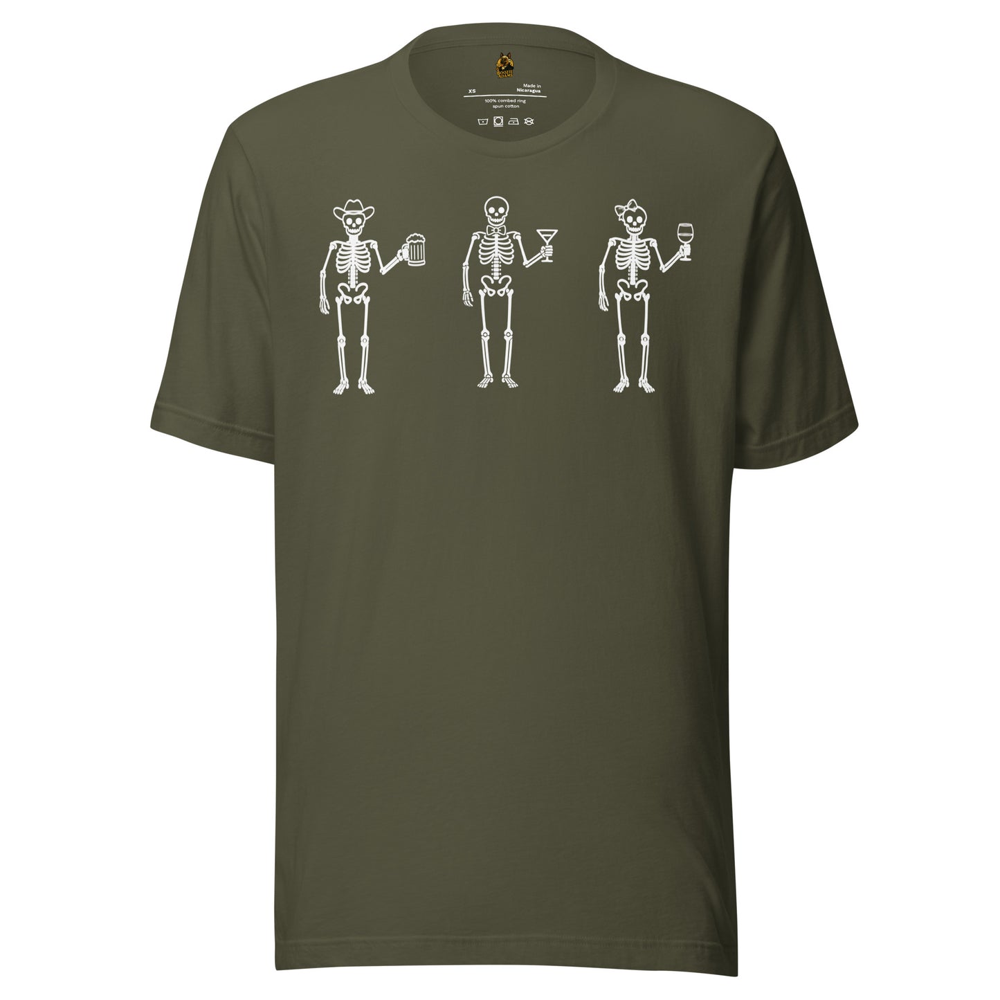 Green unisex t-shirt with graphic of three skeletons each holding a wine, beer, and martini glass – Boozie Adams