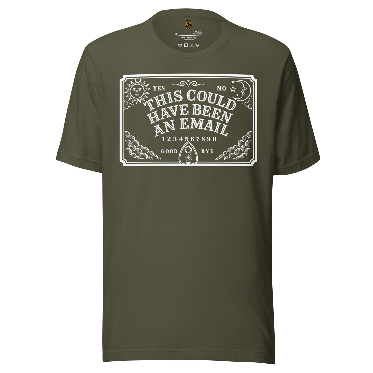 Green unisex t-shirt with white graphic of spirit board and text 'This Could Have Been An Email' – Boozie Adams