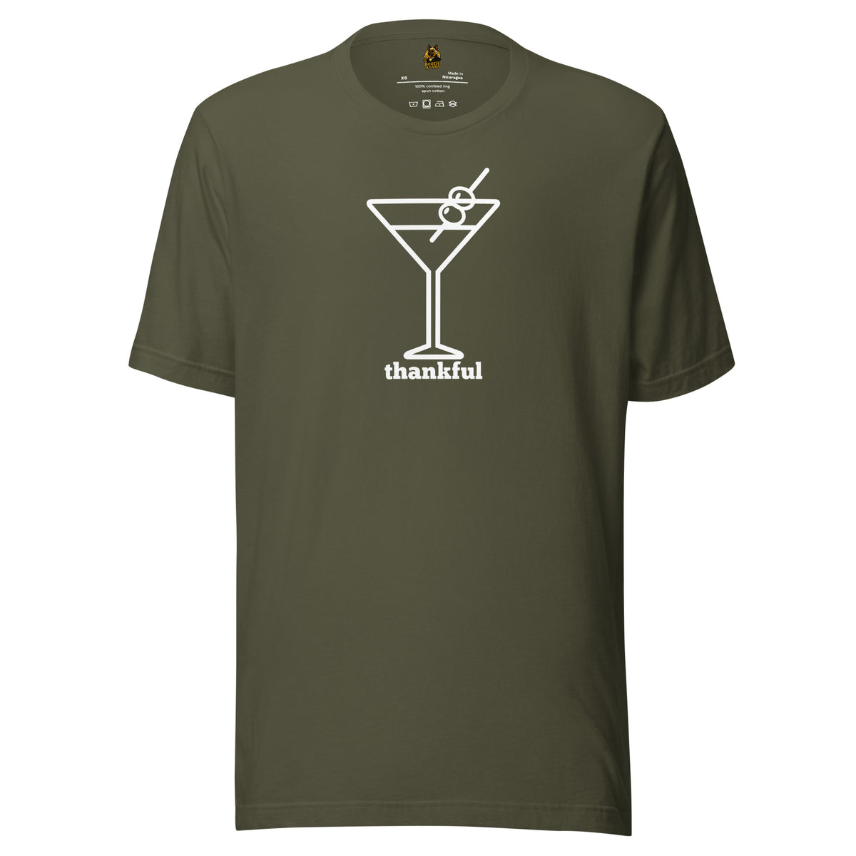 Green unisex t-shirt with a cocktail graphic and 'thankful' text in white – Boozie Adams
