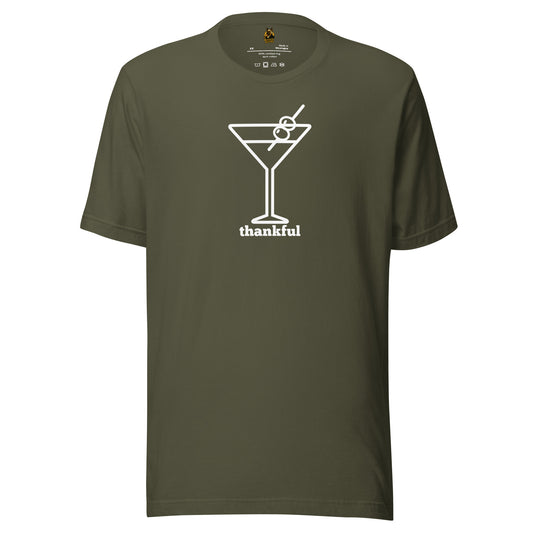 Green unisex t-shirt with a cocktail graphic and 'thankful' text in white – Boozie Adams