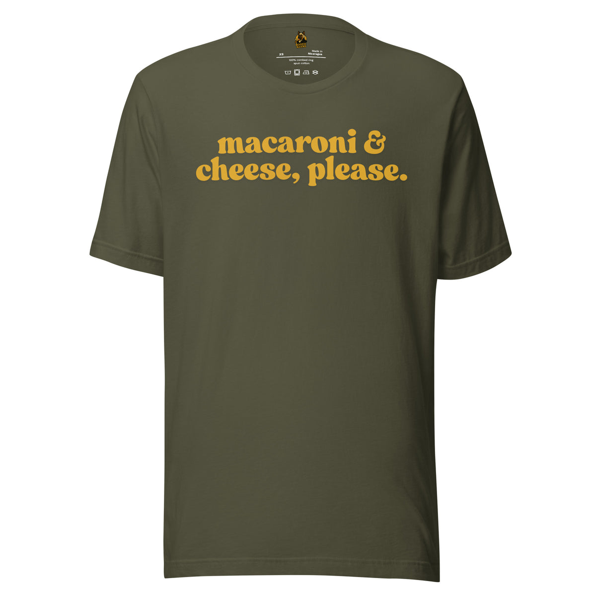 Green unisex t-shirt with 'macaroni & cheese, please.' text in yellow – Boozie Adams