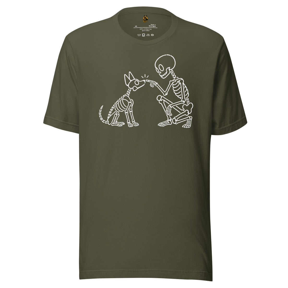 Military green unisex t-shirt with graphic of skeleton booping a skeleton dog's nose – Boozie Adams