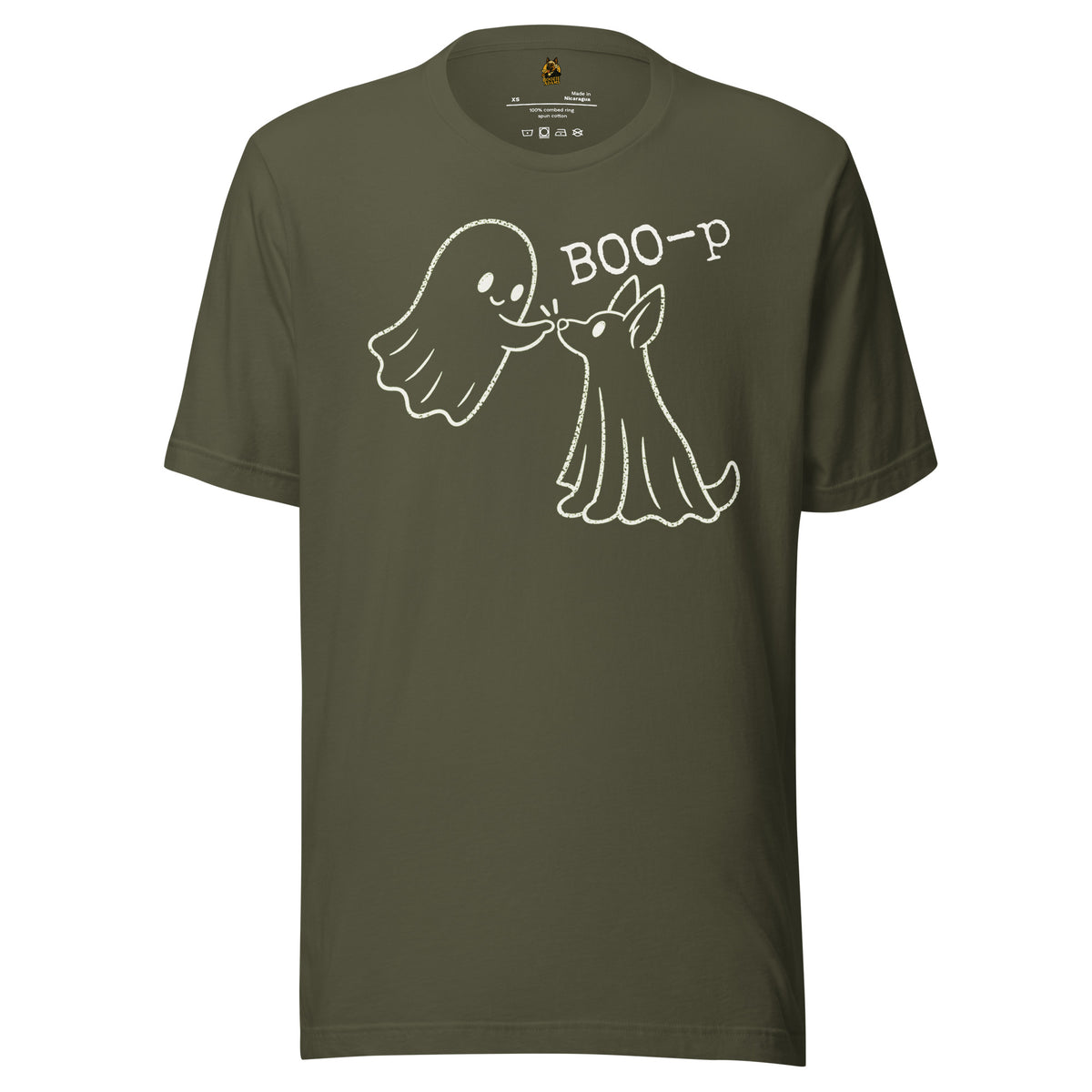Green unisex t-shirt with graphic of ghost booping ghost dog's nose and 'BOO-p' text – Boozie Adams