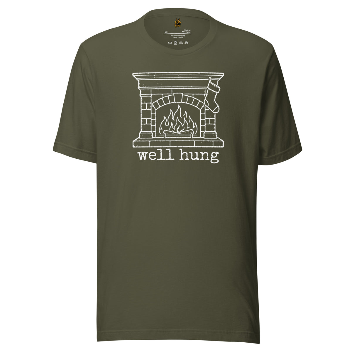Military green unisex t-shirt with graphic of stocking hanging from fire place and 'well hung' text – Boozie Adams