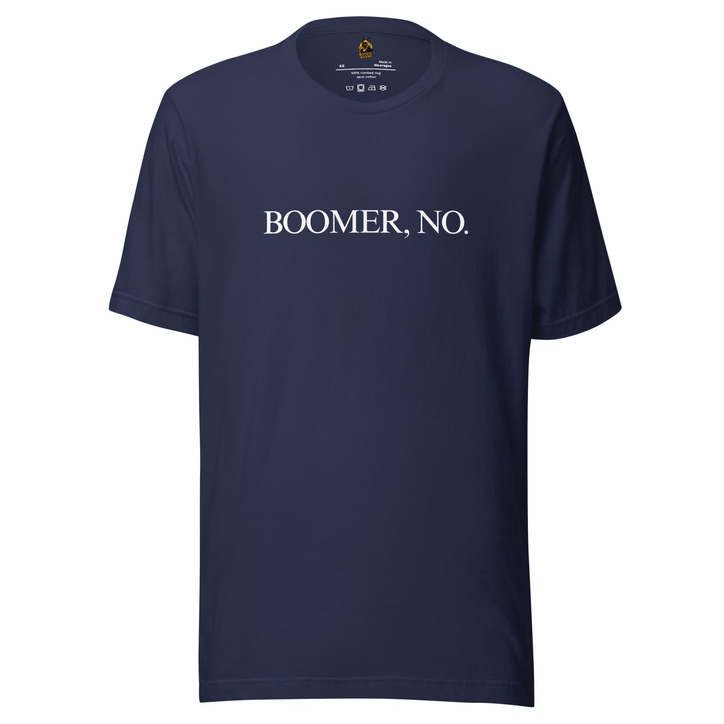 Navy blue unisex t-shirt with 'BOOMER, NO.' text – Boozie Adams