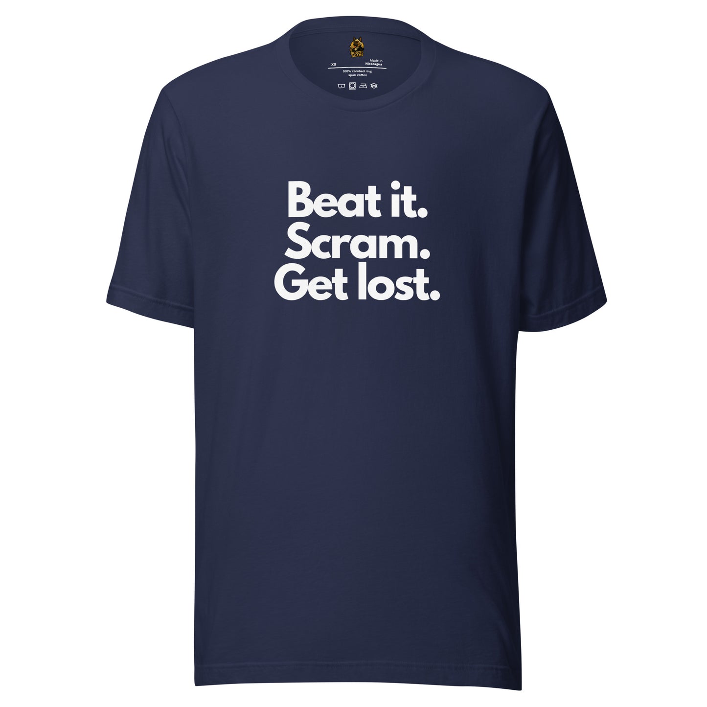 Navy blue unisex t-shirt with white text 'Beat it. Scram. Get lost.' – Boozie Adams