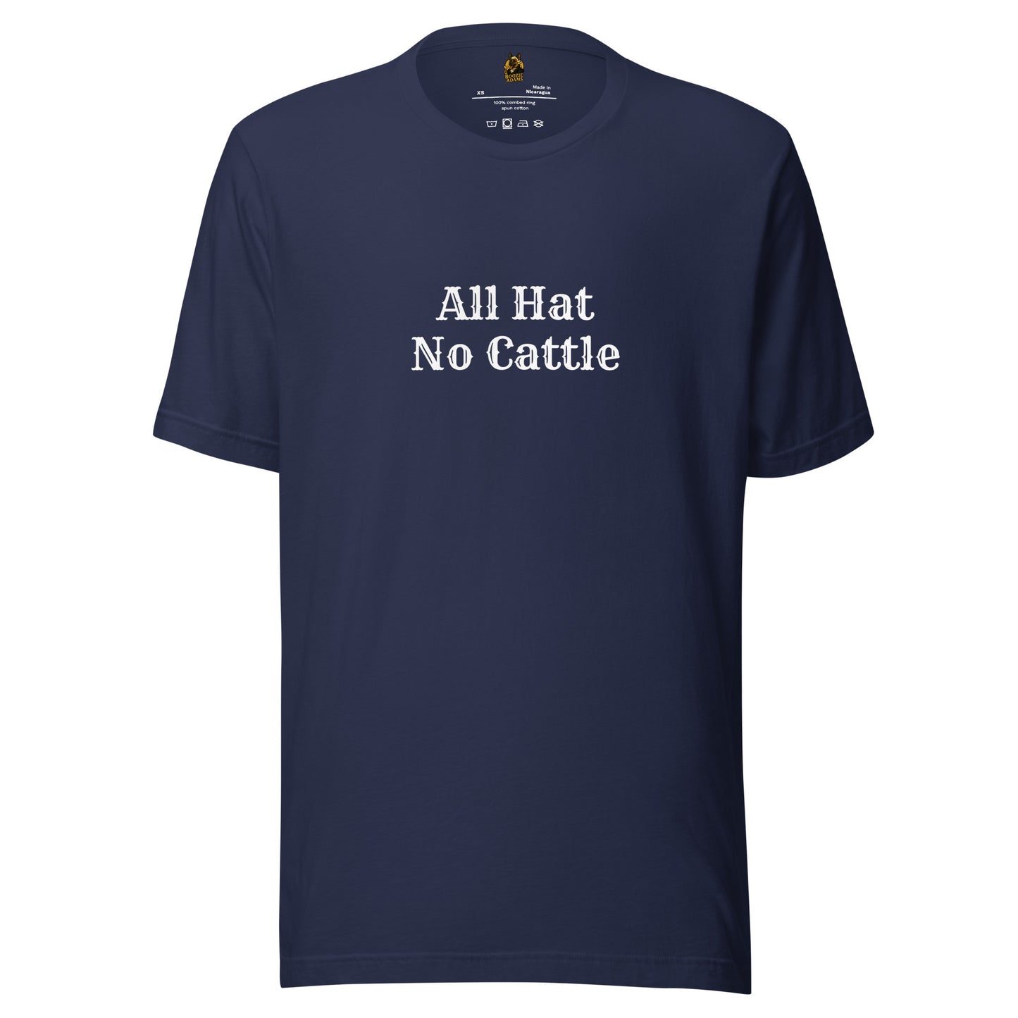 Navy blue unisex t-shirt with 'All Hat No Cattle' text – Boozie Adams