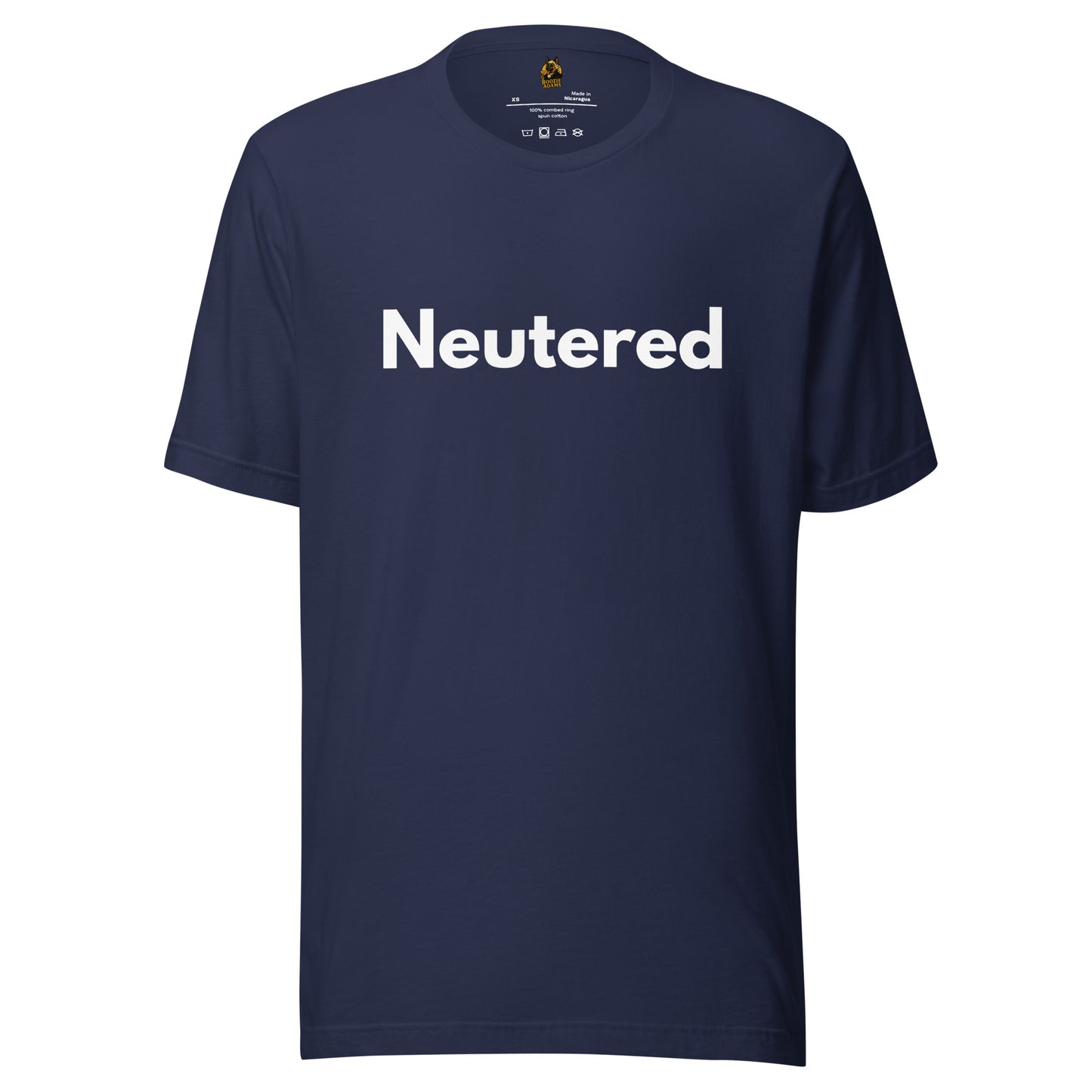 Navy blue unisex t-shirt with 'Neutered' printed in white – Boozie Adams