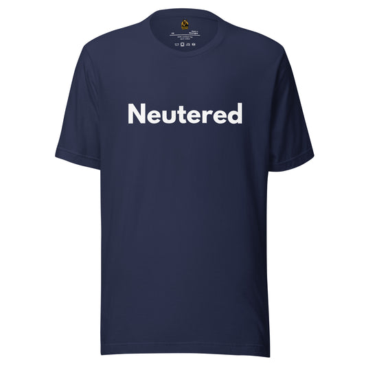Navy blue unisex t-shirt with 'Neutered' printed in white – Boozie Adams