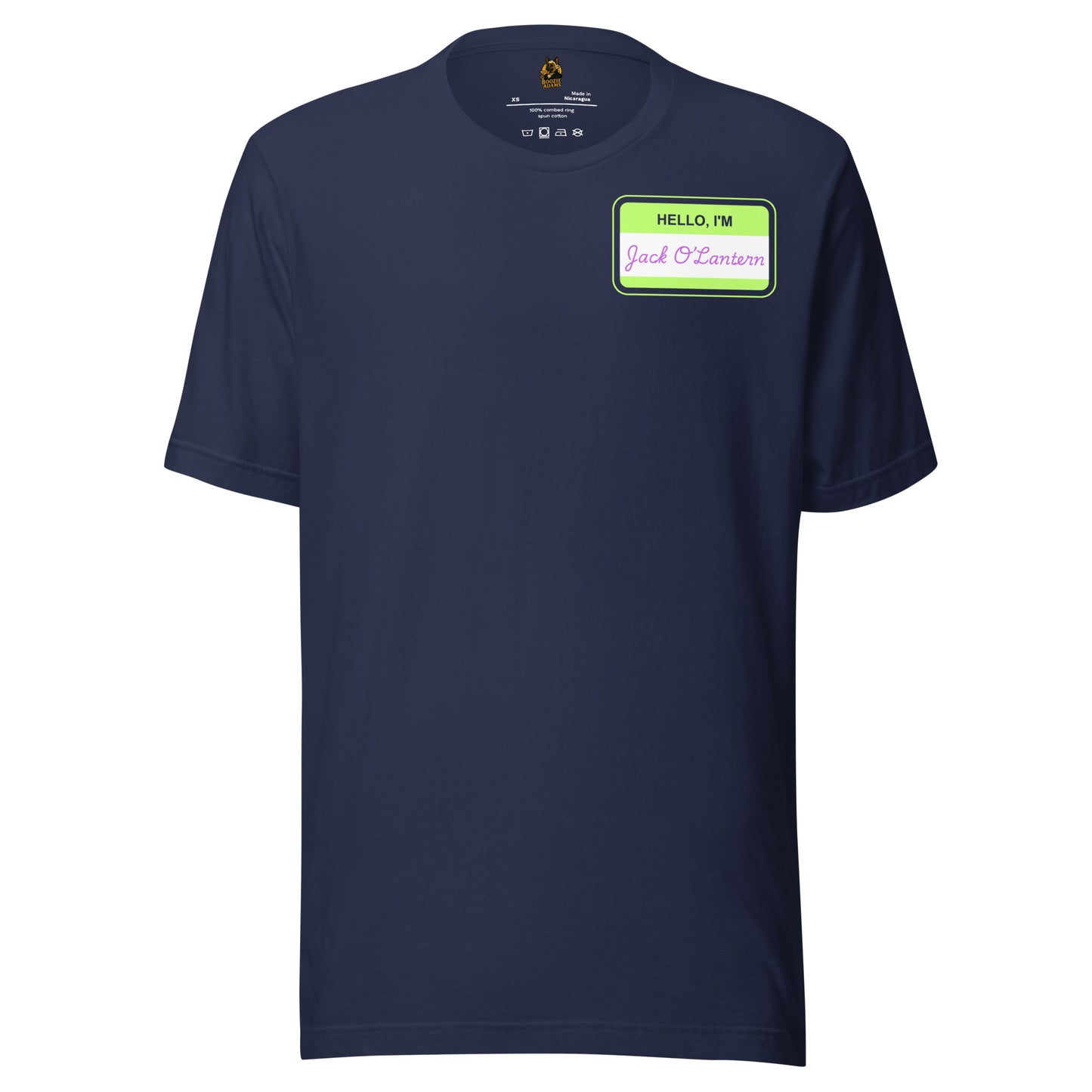 Navy blue unisex t-shirt with a green label with text 'Hello I'm Jack O'lantern' – Boozie Adams