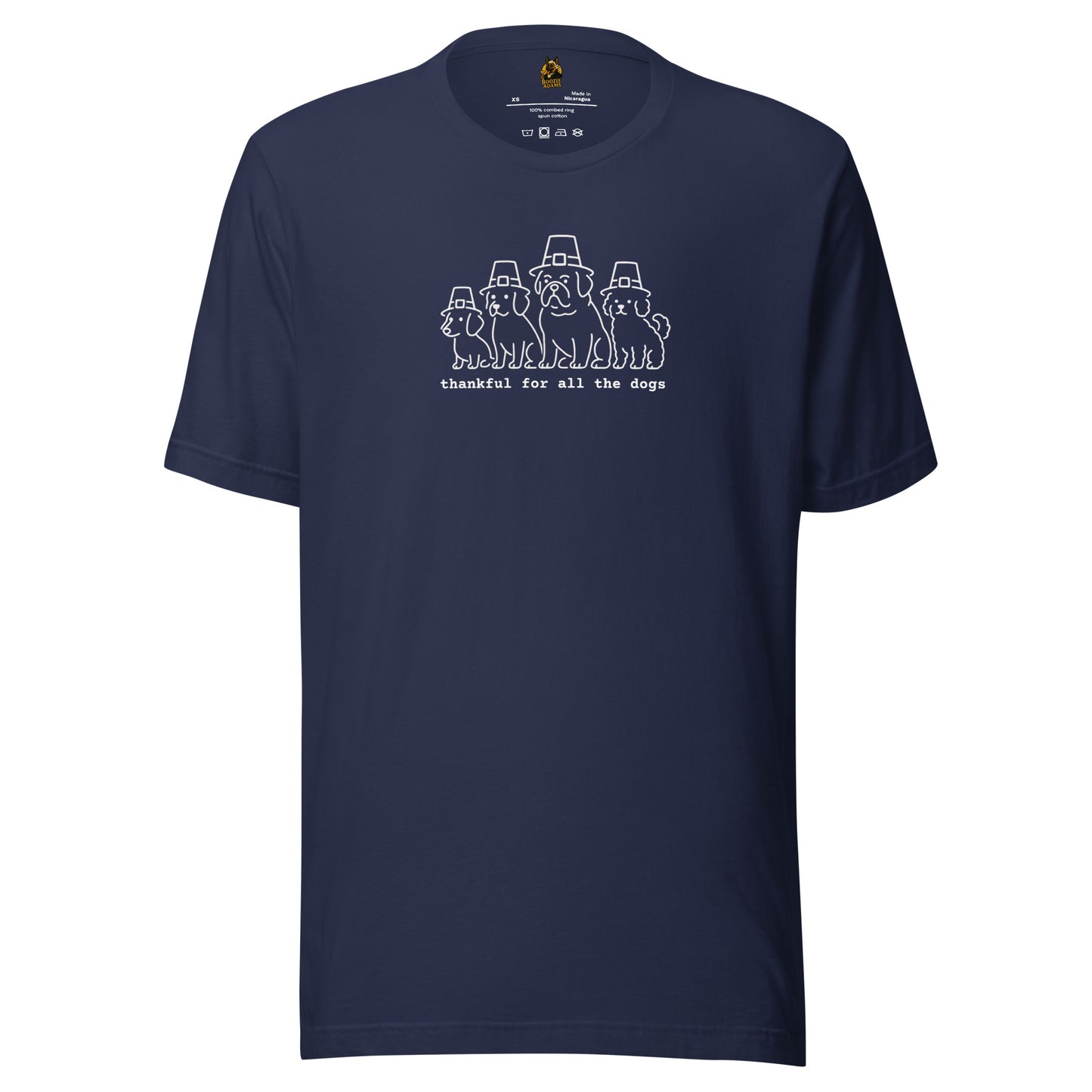 Blue unisex t-shirt with white graphic of 4 dogs in pilgrim hats with 'thankful for all the dogs' text – Boozie Adams